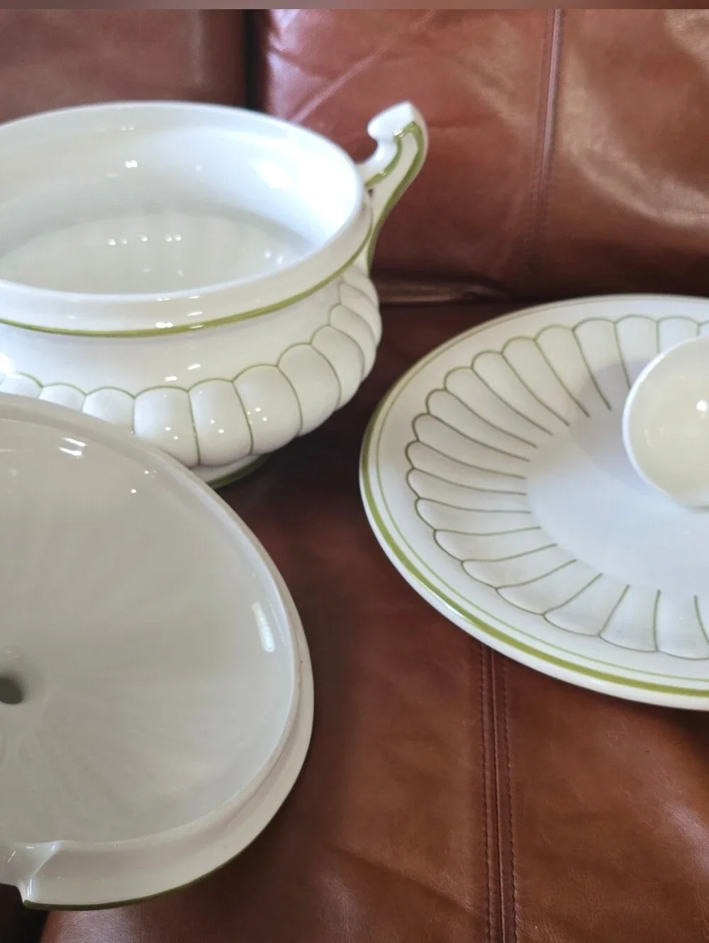 White and Olive Green Lidded Tureen with Underplate